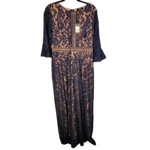 NEW MissMNY Navy Blue Crochet Lace Overlay Nude Maxi Flowy Sleeve Dress US XL